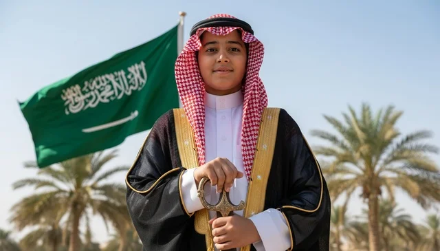 Saudi Boy in Traditional Dress with Flag and Sword