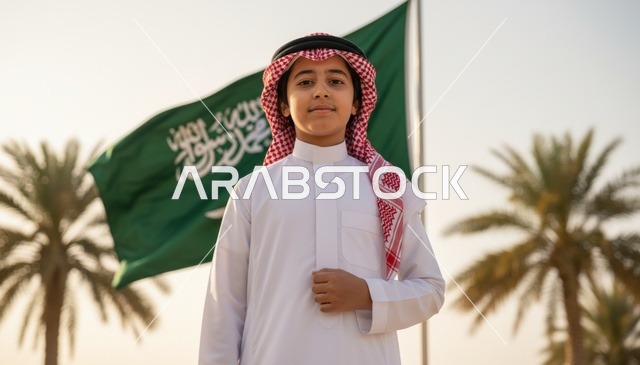 طفل سعودي بالزي التقليدي أمام علم المملكة العربية السعودية