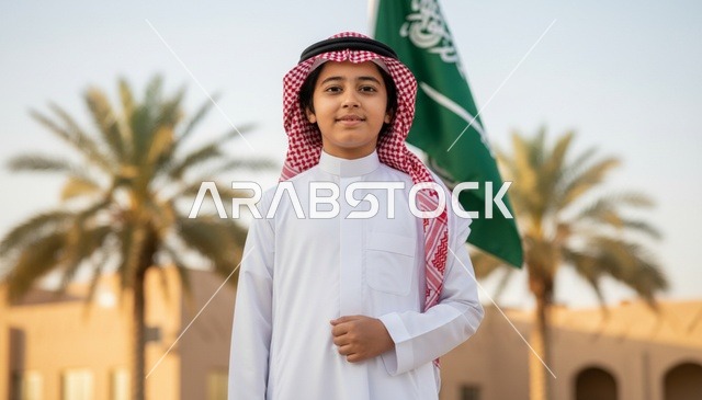طفل سعودي مع العلم الوطني بالزي التقليدي