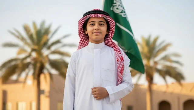 Saudi Boy with National Flag in Traditional Dress Saudi Boy with National Flag in Traditional Dress