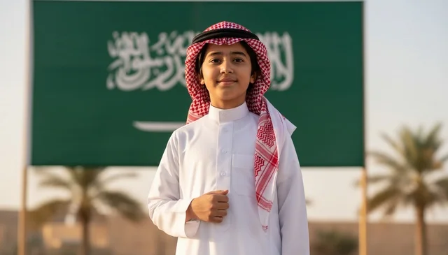 Saudi Boy in Traditional Dress with National Flag