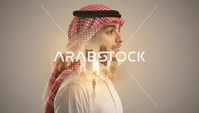 رجل سعودي مع تعريض مزدوج لأفق مدينة الرياض