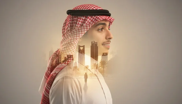 Saudi Man with Riyadh Skyline Double Exposure