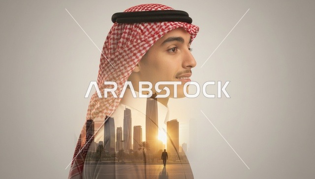 شاب سعودي مع أفق مدينة الرياض تعريض مزدوج