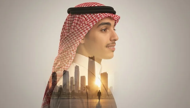 Saudi Man with Riyadh Skyline Double Exposure