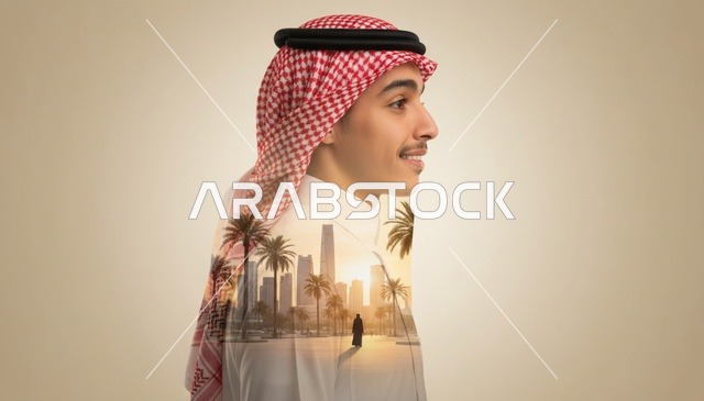 شاب سعودي مع تعريض مزدوج لمدينة الرياض