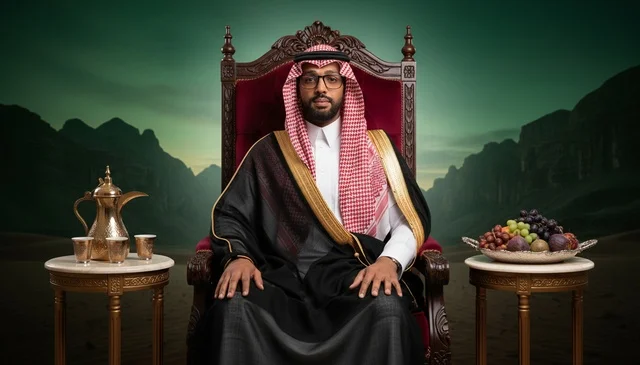 رجل سعودي بالزي التقليدي يجلس على العرش