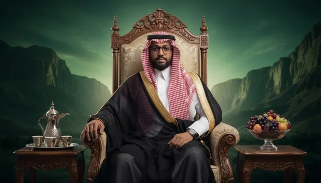 رجل سعودي بالبشت التقليدي يجلس على كرسي ملكي