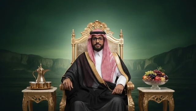 رجل سعودي بالزي التقليدي يجلس على كرسي ملكي