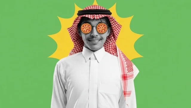 Saudi Man in Traditional Thobe with Pizza Sunglasses