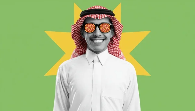 A Saudi man wearing pizza glasses in a pop art style.
