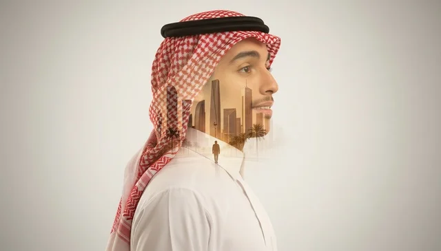 Saudi Man Double Exposure Modern City Skyline Portrait