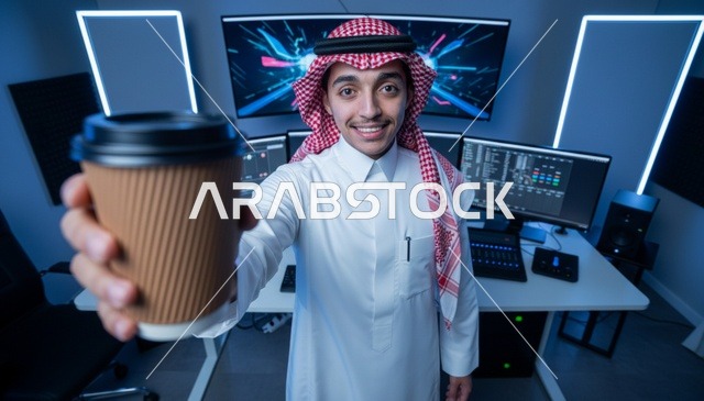 رجل سعودي بالثوب يحمل قهوة في مكتب تقني