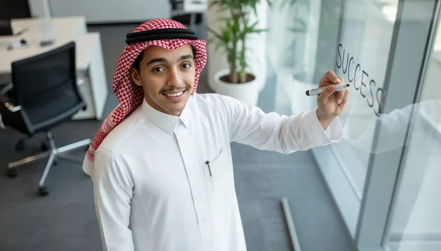رجل أعمال سعودي يكتب كلمة نجاح في المكتب