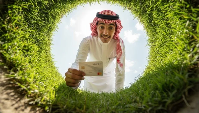رجل سعودي بالزي التقليدي يحمل بطاقة ائتمانية