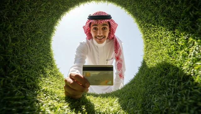 رجل سعودي يحمل بطاقة ائتمانية داخل إطار عشبي