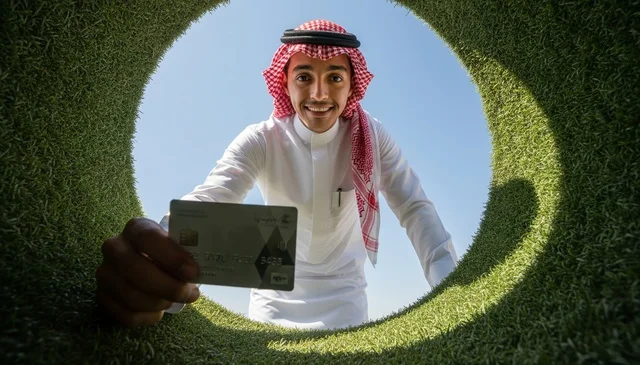 Saudi Man Holding Payment Card through Circle Opening