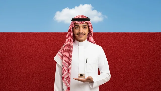 Saudi Man in Traditional Clothing Holding Cosmetic Jar