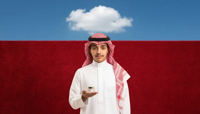 Saudi Man in Traditional Thobe Holding Cosmetic Jar