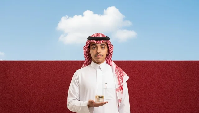 رجل سعودي بالزي التقليدي يحمل كريم تجميل
