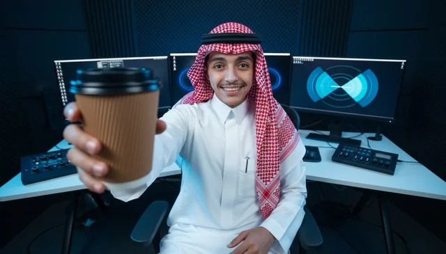 Saudi Man in Traditional Dress with Coffee Cup