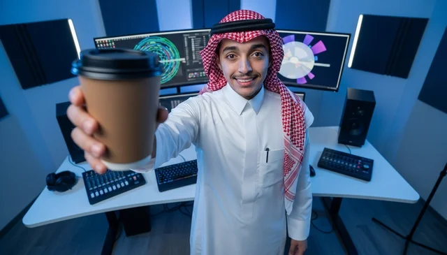 Saudi Man in Modern Media Studio Holding Coffee Cup