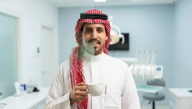 Saudi Man in Traditional Thobe at Dental Clinic holding Cup