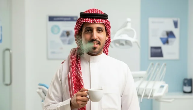 رجل سعودي في عيادة الأسنان بمفهوم رائحة الفم الكريهة