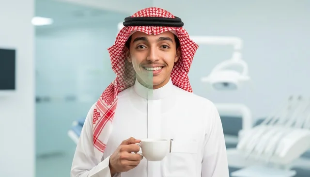 رجل سعودي في عيادة الأسنان بمفهوم رائحة الفم الكريهة
