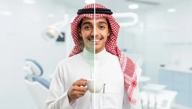 رجل سعودي بالثوب والشماغ في مقارنة طبية وتجميلية