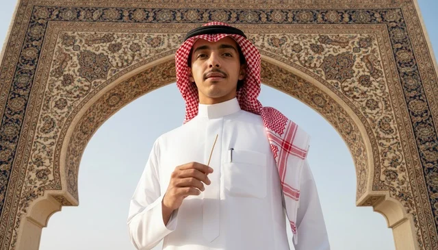 Saudi Man in Traditional Thobe with Miswak under Archway