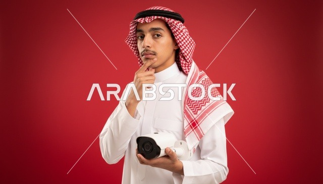 شاب سعودي يحمل كاميرا مراقبة أمنية بخلفية حمراء