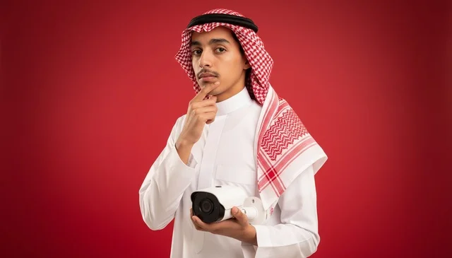Saudi Man Holding CCTV Security Camera on Red Background