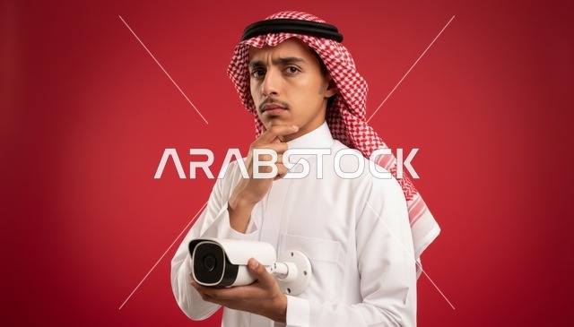 رجل سعودي يحمل كاميرا مراقبة على خلفية حمراء