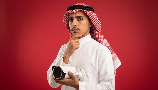 Saudi Man Holding Security Camera on Red Background