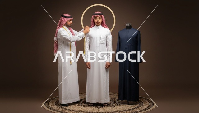 خياط سعودي يأخذ قياسات ثوب أبيض تقليدي