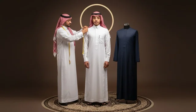 خياط سعودي يأخذ قياسات ثوب أبيض تقليدي