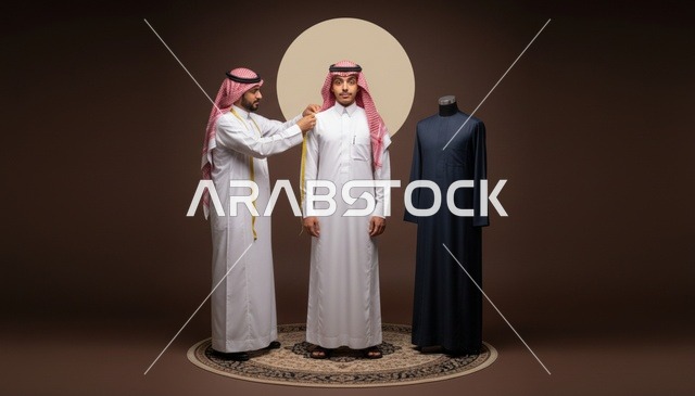 خياط سعودي يقيس الثوب الأبيض للرجل في الاستوديو