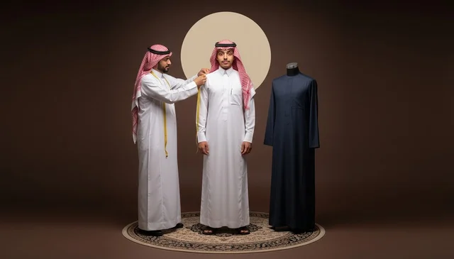 خياط سعودي يقيس الثوب الأبيض للرجل في الاستوديو