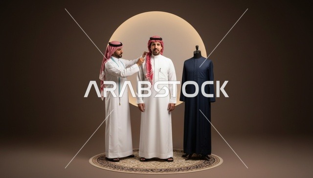 خياط سعودي يقيس ثوب أبيض في الاستوديو