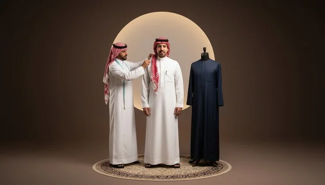 خياط سعودي يقيس ثوب أبيض في الاستوديو