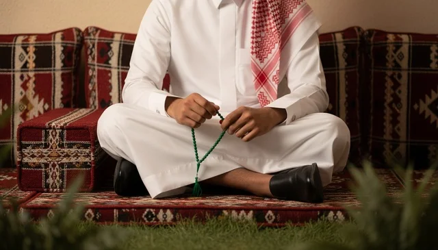 Saudi Man in Traditional Majlis with Prayer Beads