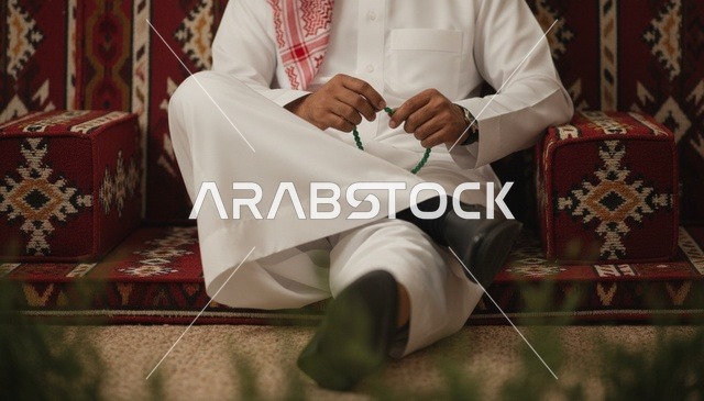 رجل سعودي يحمل مسبحة في مجلس تراثي تقليدي