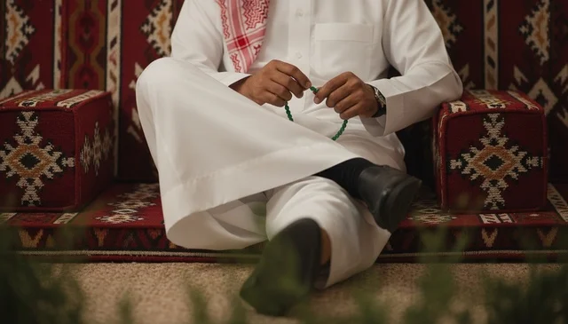 Saudi Man with Prayer Beads in Traditional Majlis