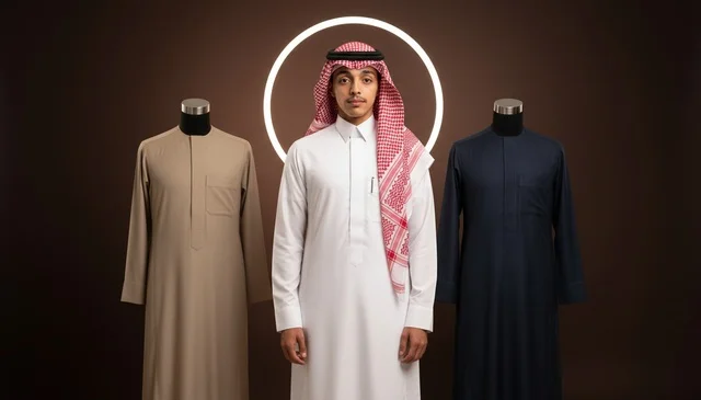 رجل سعودي بالثوب التقليدي مع مانيكان عرض أزياء