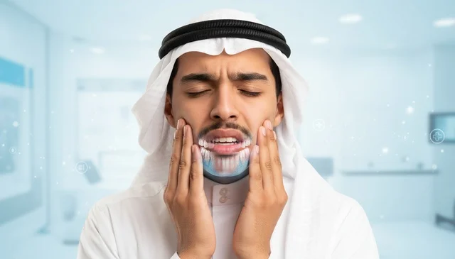 رجل سعودي يعاني من ألم الأسنان في عيادة طبية