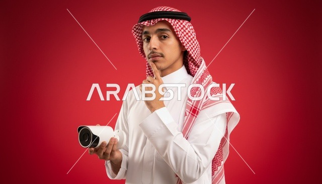 رجل سعودي يحمل كاميرا مراقبة على خلفية حمراء