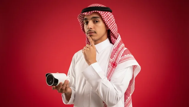 Saudi Man Holding Security Camera on Red Background