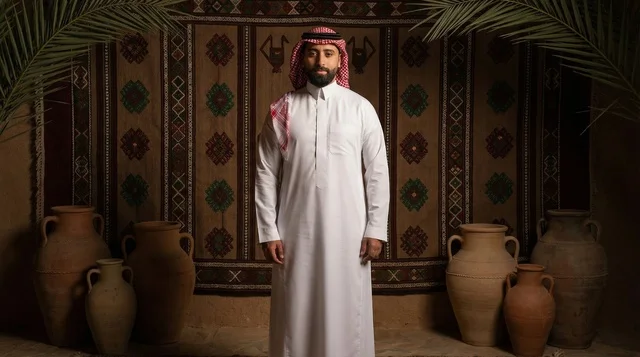 رجل سعودي بالثوب والشماغ في ديكور تراثي قديم
