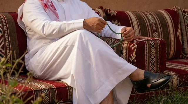 رجل سعودي بالثوب التقليدي والمسبحة في جلسة عربية